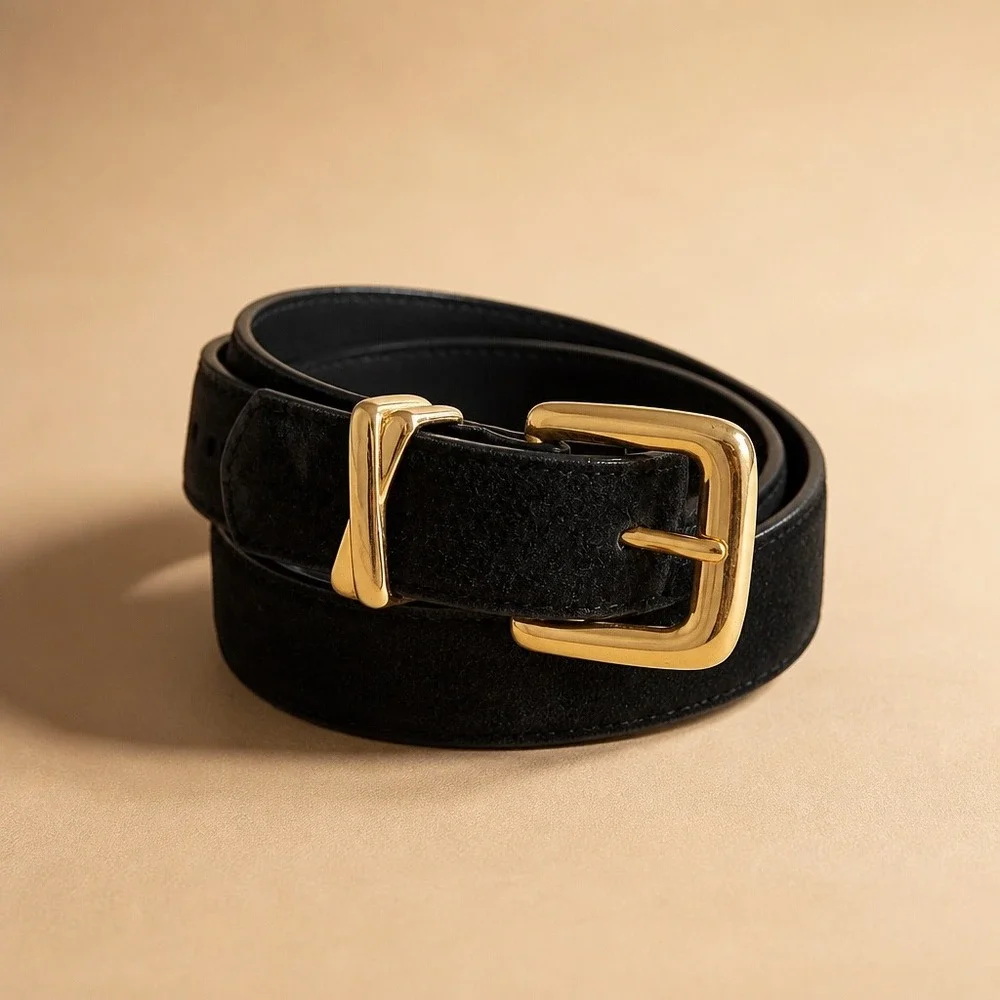 Vintage Ashley Moore Black Suede Genuine Leather Belt Gold X Buckle Large